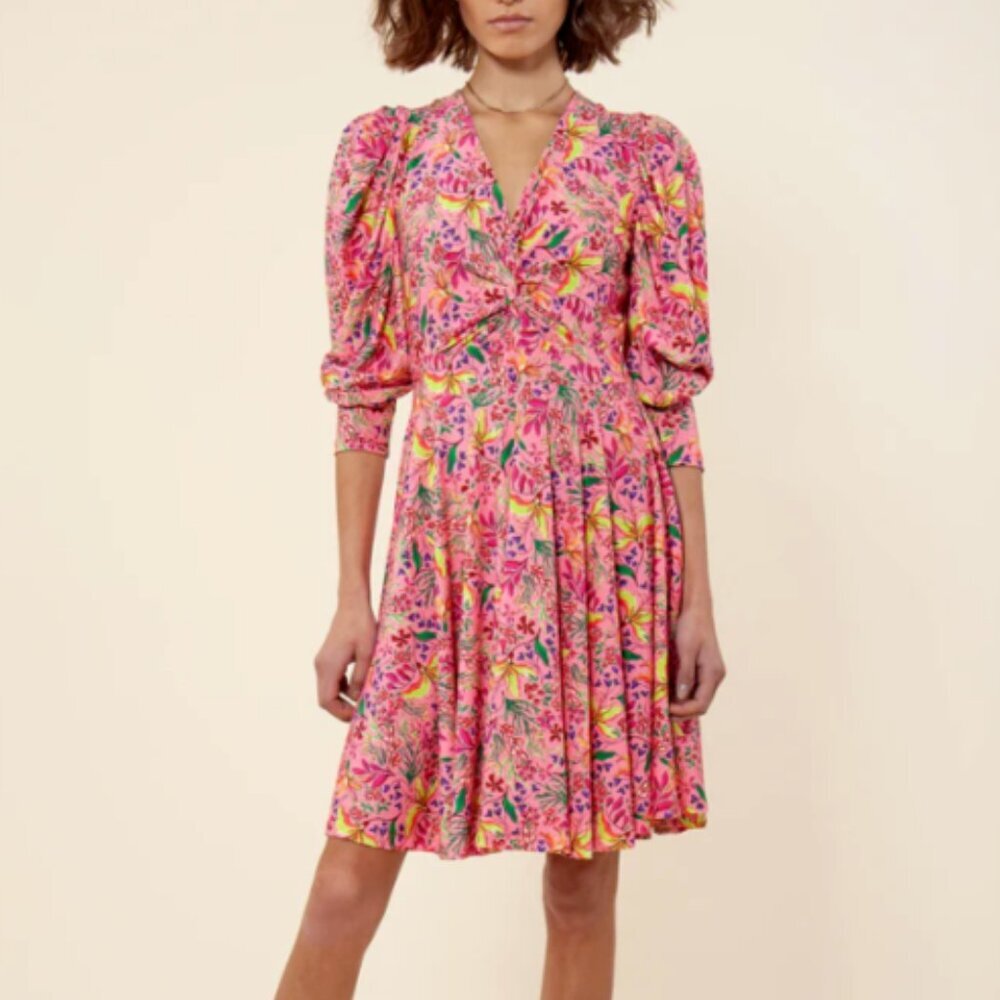 Hale Bob Spring Dress Pink Floral 'Manila Jersey' Twist Front Balloon Sleeve NWT